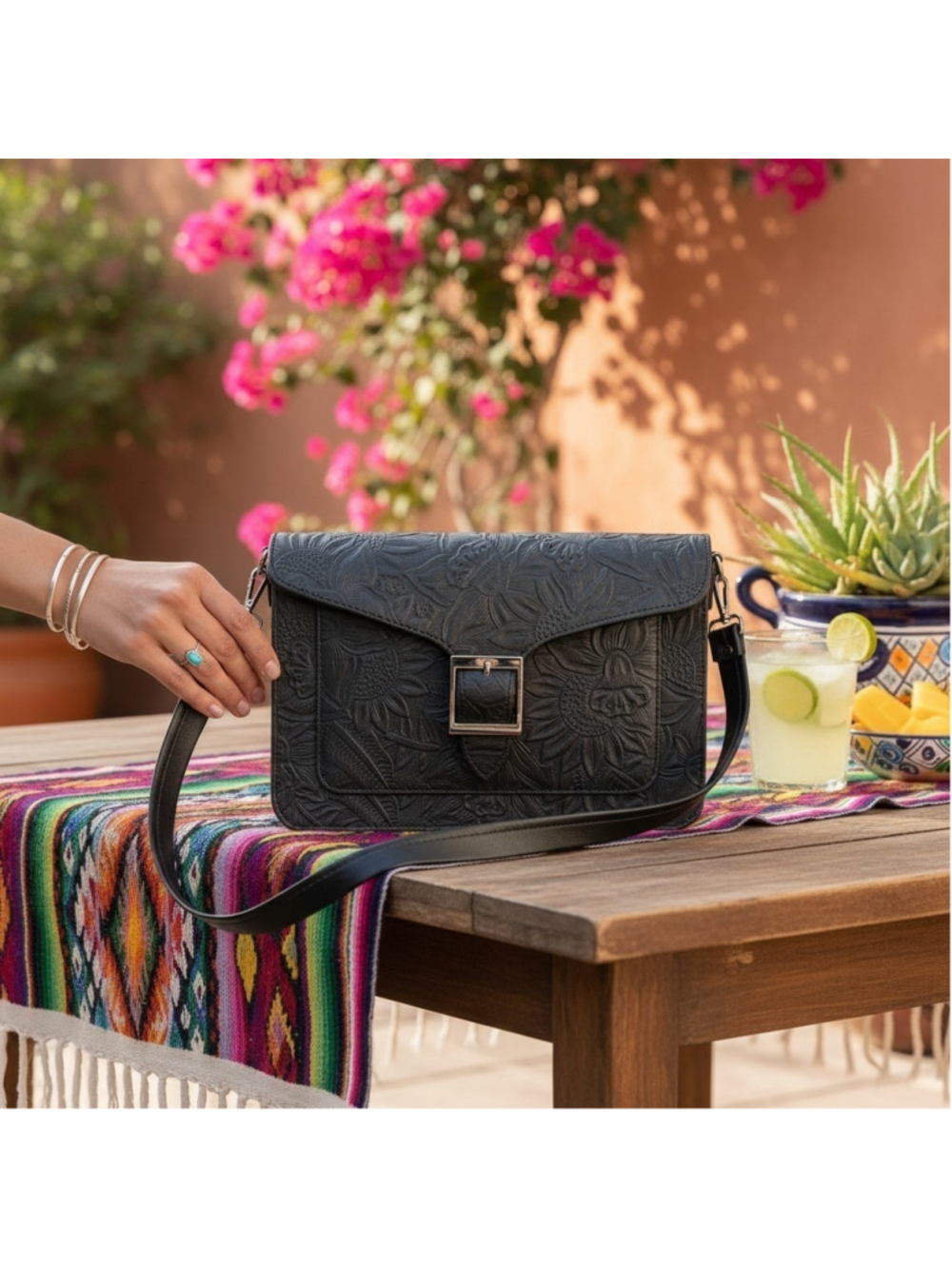 Black Sunflower Embossed Tooled Artisan LEATHER Crossbody Purse Bag Clutch